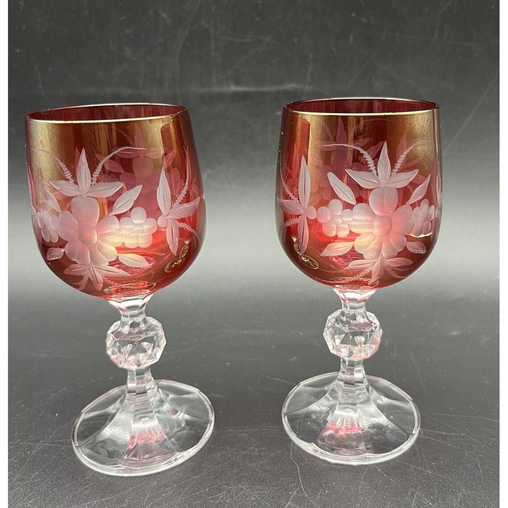 Pair of 2 Vintage Ruby Red Cut to Clear Crystal Czech Bohemian Cordial Glass